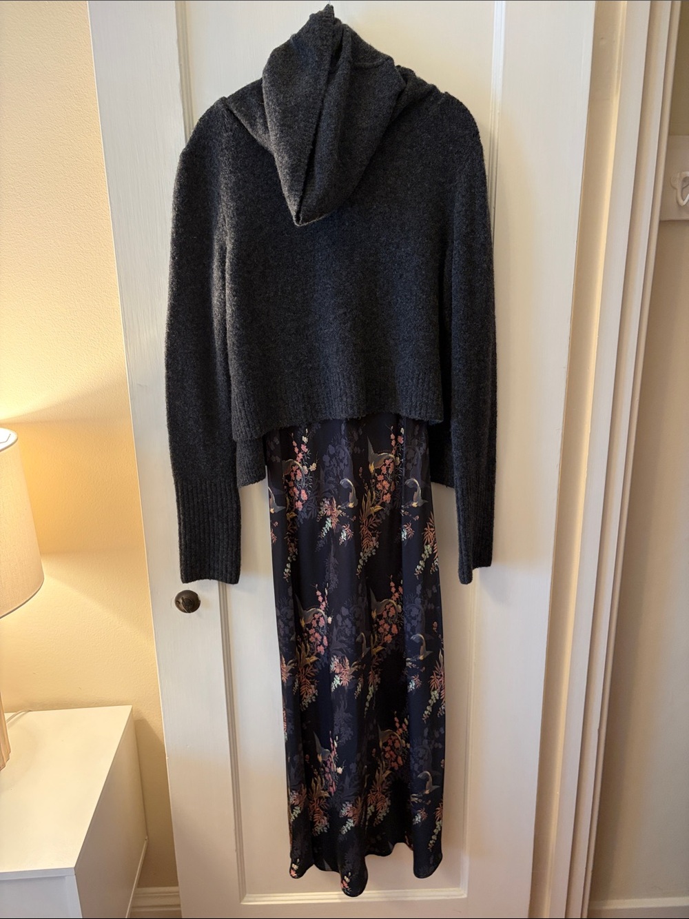 All Saints Charcoal Cropped Sweater with Floral Slip Dress